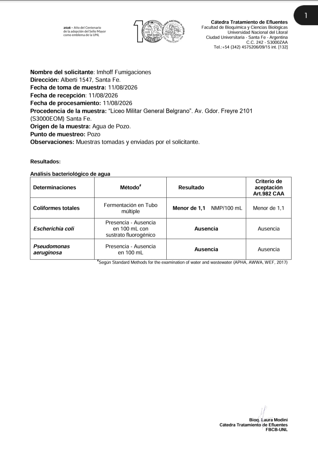 Informe del análisis bacteriológico del agua